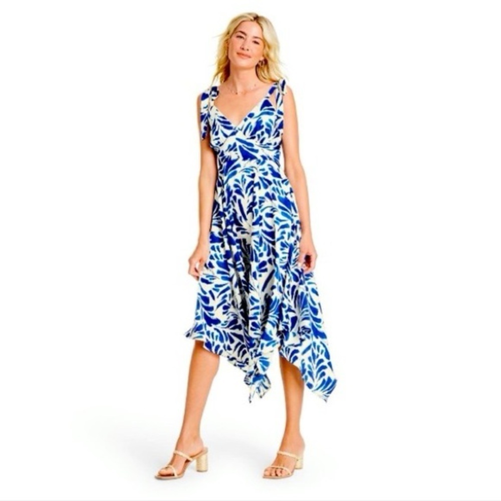 NWT ALEXIS for Target Botanical Tie Strap Asymmetrical Hem Dress Med, Blue/White - Picture 1 of 16